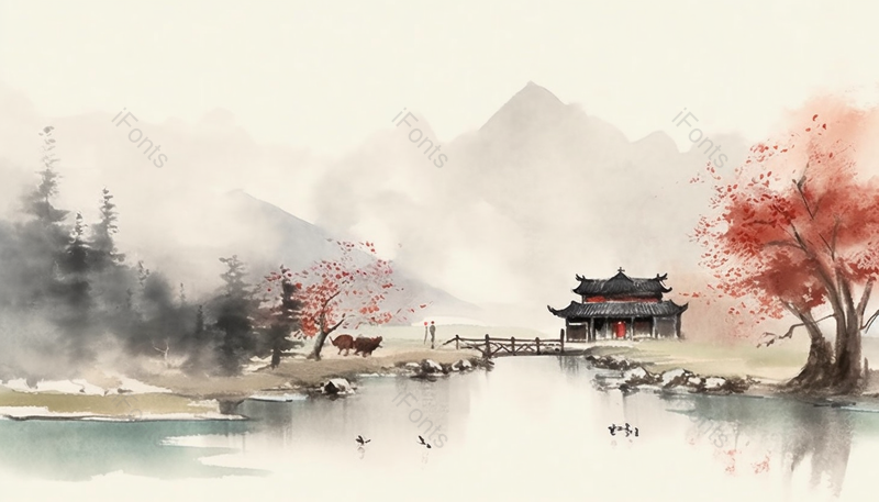 乡村生活水墨风氛围感背景图,插画/手绘图,插画/手绘图库,插画/手绘图下载,插画/手绘